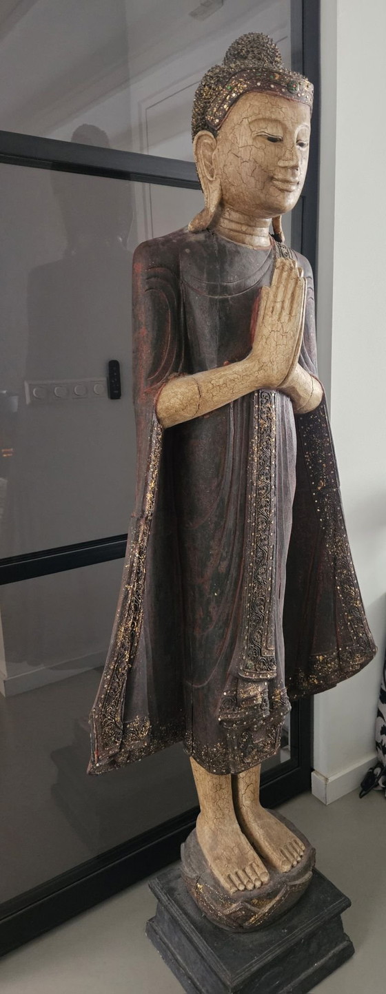 Monumental Old Burmese Mandalay Buddha Teak Wood 177 cm, Decorative Objects, Multi Color (photo 5 of 14)