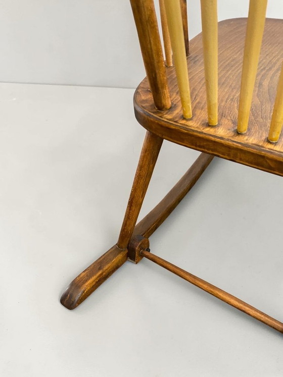 Image 1 of Antiker Schaukelstuhl um 1900–1920 mit Arretierung | Handgefertigter Windsor Rocking Chair | Folk Art Massivholz Sessel | Sammle