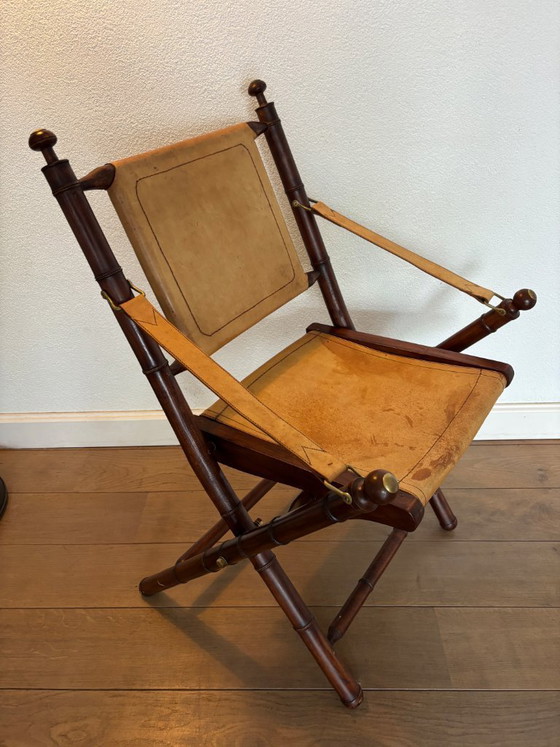 Image 1 of Silla de oficial - tapizada en madera y cuero - estilo campaña militar