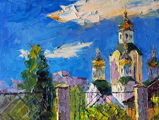Image 1 of Origineel olieverfschilderij: Stadsgezicht, Tempel, Zonnige Dag van de Kerk