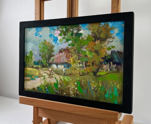 Original Oil Painting Summer Village Landscape Memories near the house