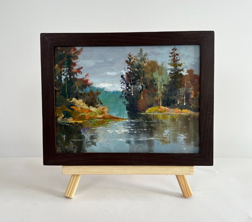 Original Oil Painting Gloomy Forest Landscape A river washes through the autumn forest