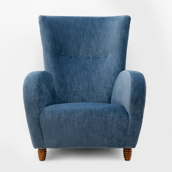 Image 1 of Pair of Italian Paolo Buffa High-Back Armchairs in Blue Velvet and Chenille, 50s