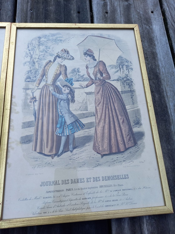 Image 1 of Conjunto de 2 grabados antiguos franceses de moda (siglo XIX)