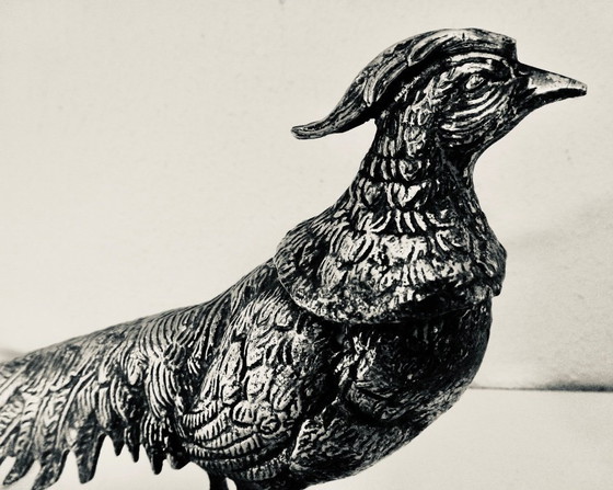 Image 1 of Magnifique paire de faisans en bronze argenté. Vintage - années 1950.