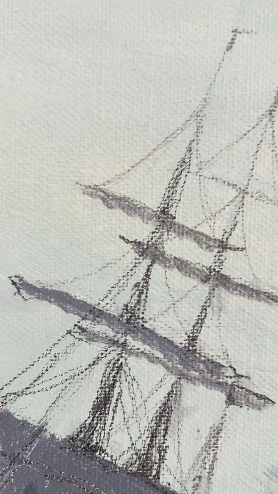 Image 1 of Peinture à l'huile originale vintage représentant une marine, signée, art de voilier