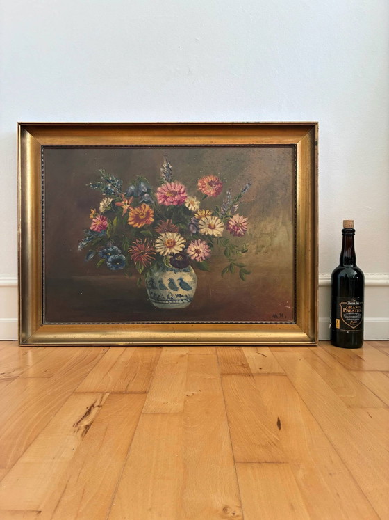 Image 1 of Vintage original floral oil painting with blue and white vase