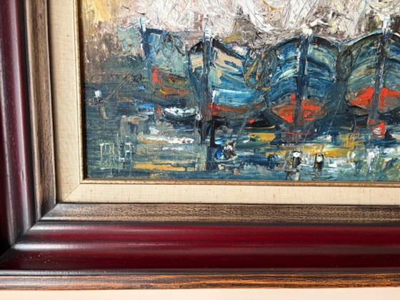 Characteristic Mid-Century modern harbor view. Oil on canvas (impasto) – Paintings & Drawings, Wood (photo 8 of 11)