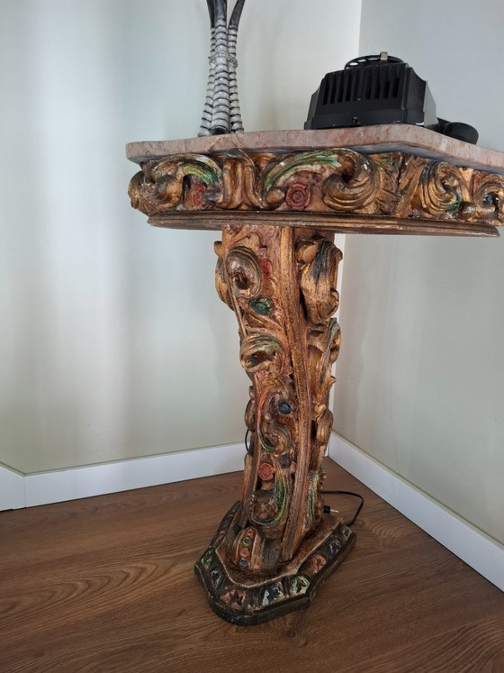 Image 1 of Antique Portuguese Gilded Console Table with Marble Top - 19th Century Carved Wood - Hand-Painted Polychrome Details - VGC