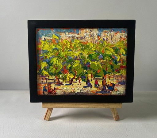 Original Oil Painting Colorful Trees Landscape Spring city in the shade of trees