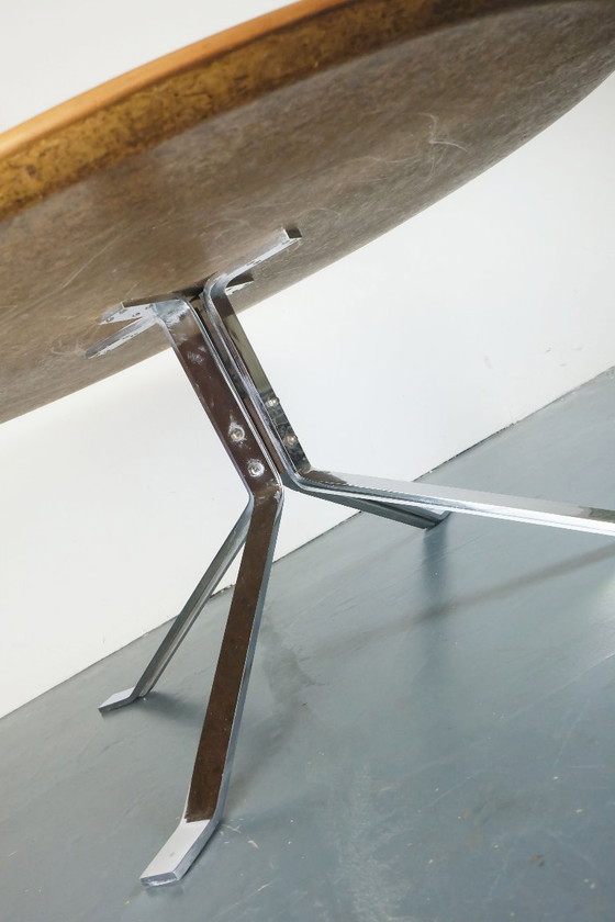 Image 1 of large round 60s mosaic tile top coffee table white mosaic walnut frame chrome base