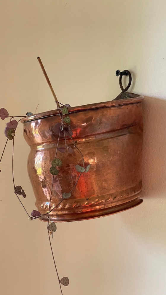 Image 1 of Hangende koperen en stalen plantenpot