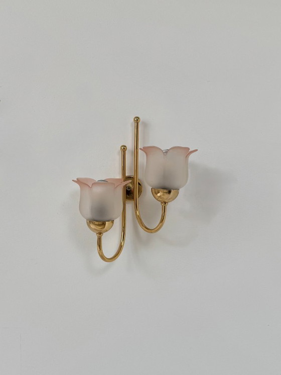 Image 1 of Vintage wall light, brass and pressed molded glass with a sandblasted pink finish, France, 1980