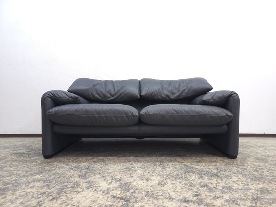 Image 1 of Cassina Maralunga two-seater designer sofa, leather sofa, couch, blue-grey, Magistretti
