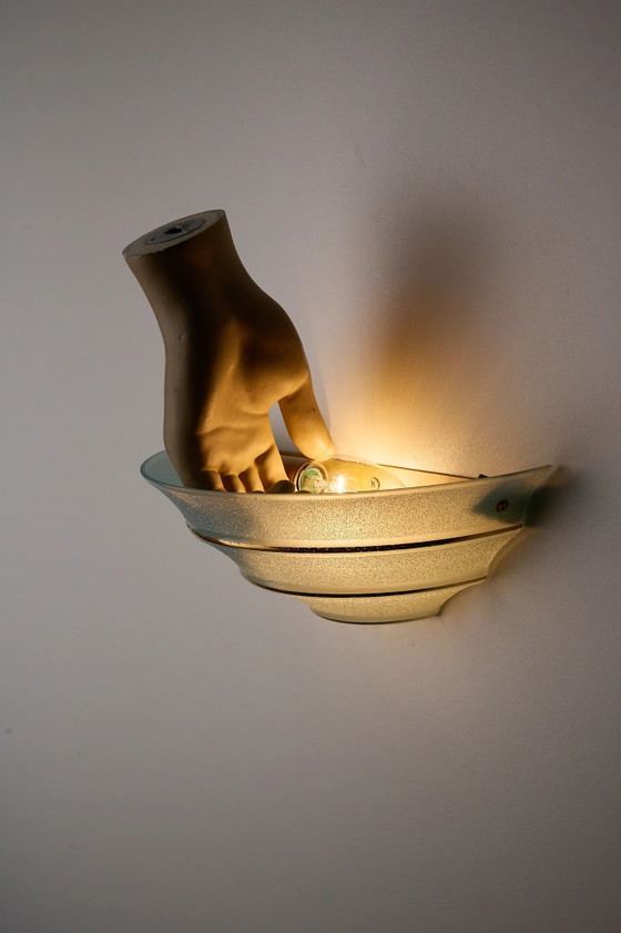 Mid-Century Blue Glass Shell Wall Sconce with Gold Stripes, Wall lights, Brass, Mid Century Modern (photo 5 of 8)