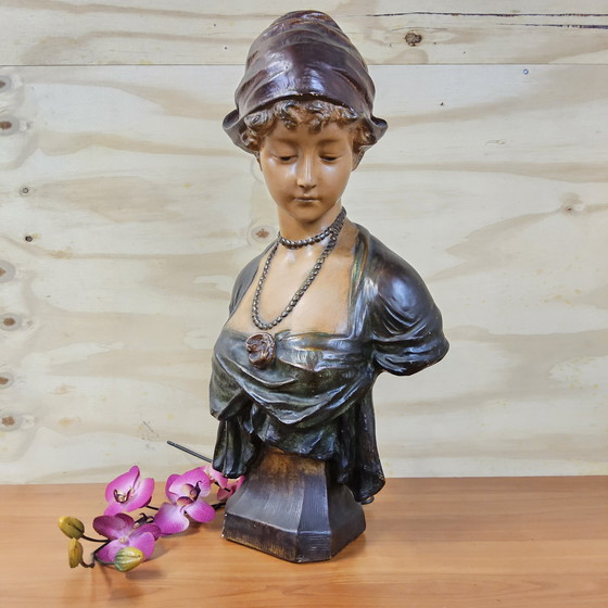 Image 1 of Antico busto di donna in gesso Art Nouveau (ca. 1900) Statua romantica francese/belga
