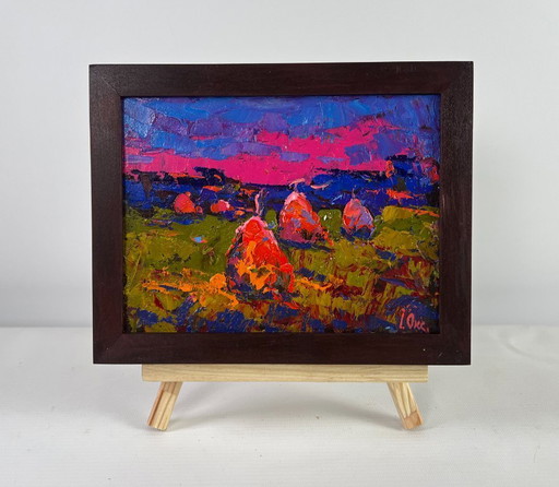 Original Oil Painting Sunset Field Landscape Evening silence in the field