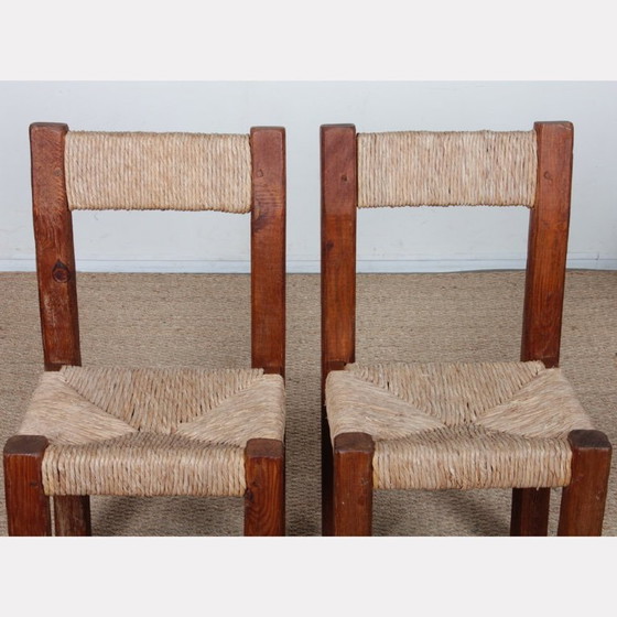 Image 1 of Set van 4 massief houten stoelen met rieten zitting, 1950