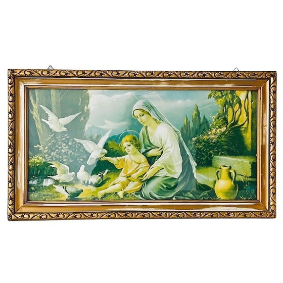 Image 1 of Tableau religieux vintage encadré représentant la Vierge aux colombes, Noël années 1960