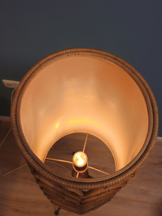 Image 1 of Vintage Vloerlamp Hout, Stof & Rotan Staande Lamp
