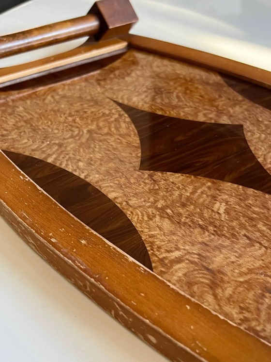 Vintage houten marqueterie dienblad - Art Deco, Tafelaccessoires, Bruin (foto 6 van 12)