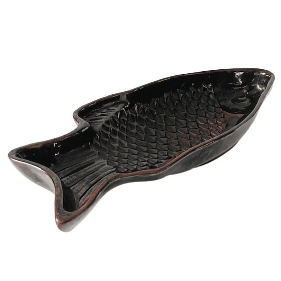 Image 1 of Vintage Backform, fischbraune Keramik-Puddingform, 1970er Jahre