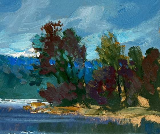 Image 1 of Original Oil Painting Summer River Landscape By the evening in nature