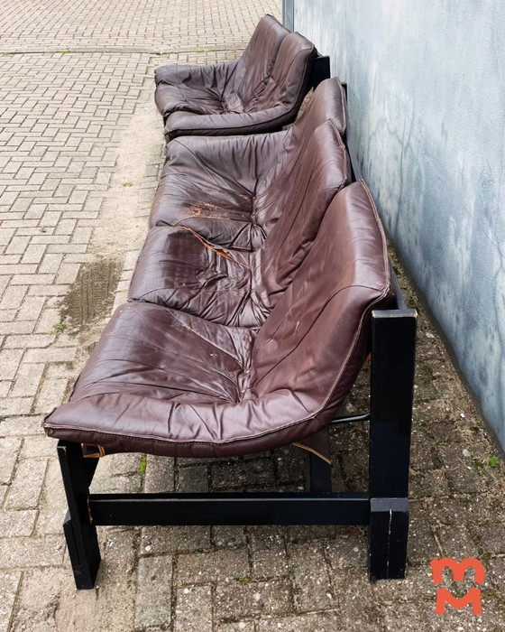 Image 1 of Vintage leren brutalist bank (2 stuks)