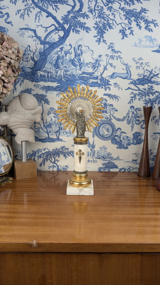 Virgin Of The Pillar & The Child Jesus Statue In Gilded Brass, Sterling Silver And Onyx