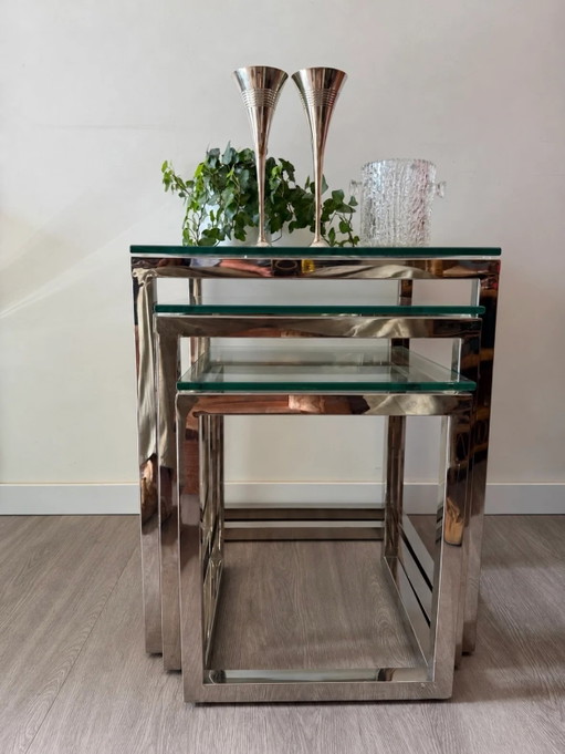 Chrome Mimi set mid-century Scandinavisch design bijzettafels