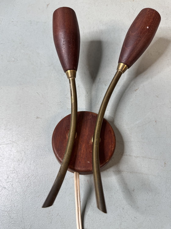 Set of 3 Vintage Mid Century Danish Design Wooden Wall lights – Brass (photo 5 of 11)