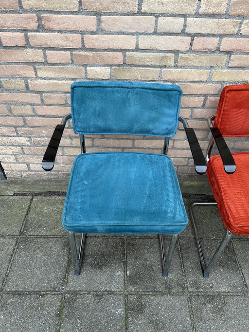 4 Ribbed Armchairs with Chrome Tubular Frame