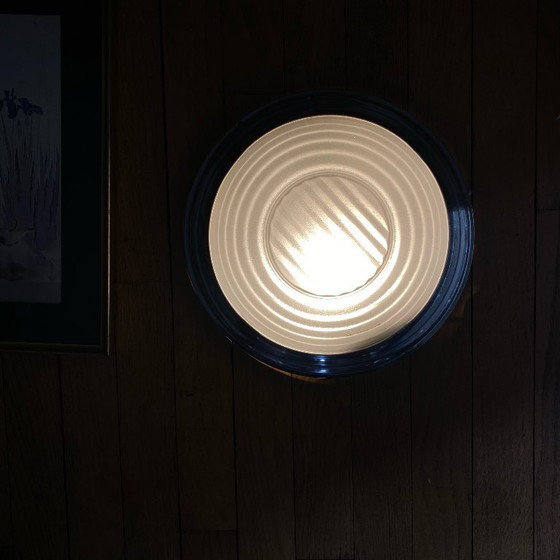 Image 1 of Wall-mounted ceiling light in thick glass with chrome-plated metal support, Holophane type