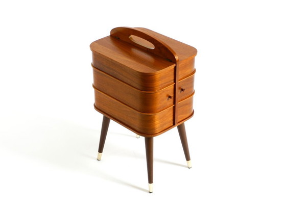 Image 1 of Beautiful original Mid Century sewing box with teak veneer and many compartments
