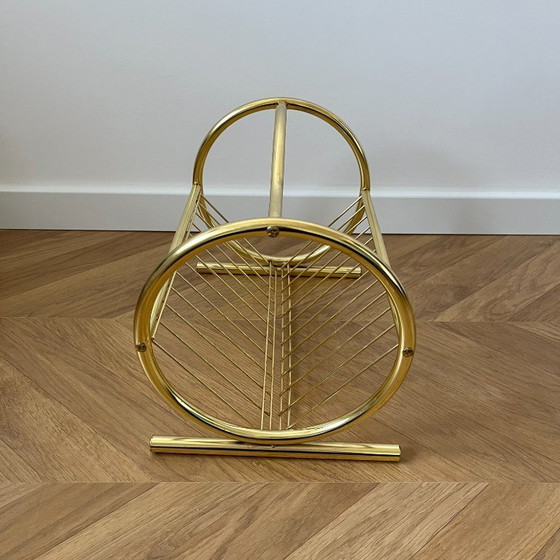 Image 1 of Gold Mid Century Magazine Rack: 70s Vintage Newspaper Holder
