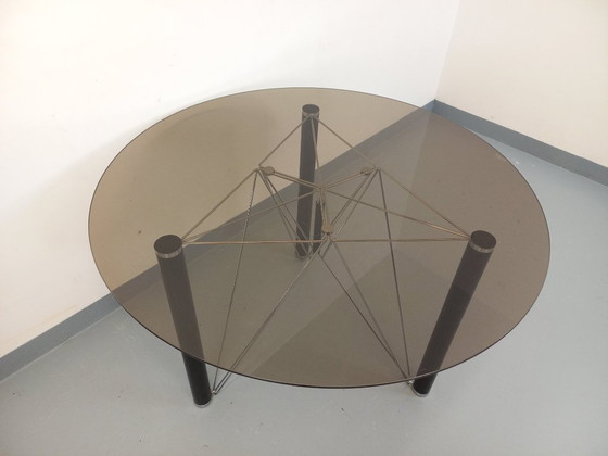 Image 1 of Vintage round dining table in smoked glass, black metal and chrome metal from the 80s