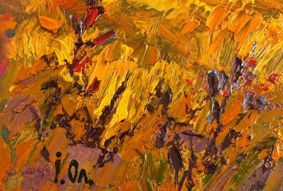 Image 1 of Original Oil Painting Sunset Field Landscape Silence in the pasture