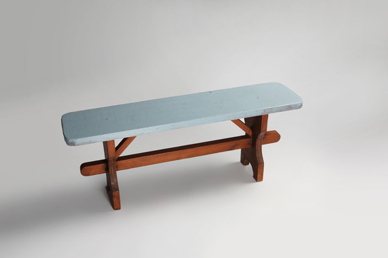 Image 1 of Banc rustique en bois Art déco avec plateau bleu, France, années 1930