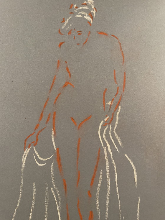 Image 1 of Tableau Signé Sanguine Pastel Blanc Papier Bleu Denim Portrait Femme Bains