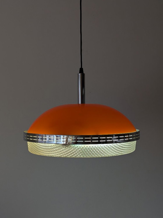 Image 1 of Vintage Space Age "UFO" hanglamp van Massive Belgium – Oranje & Chroom