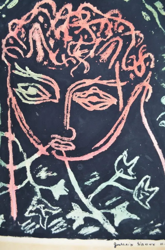 1950 Guillain Siroux “Visage Rose” Ritratto Modernista Francese Tecnica Mista – Dipinti e disegni, Paper (photo 10 of 11)