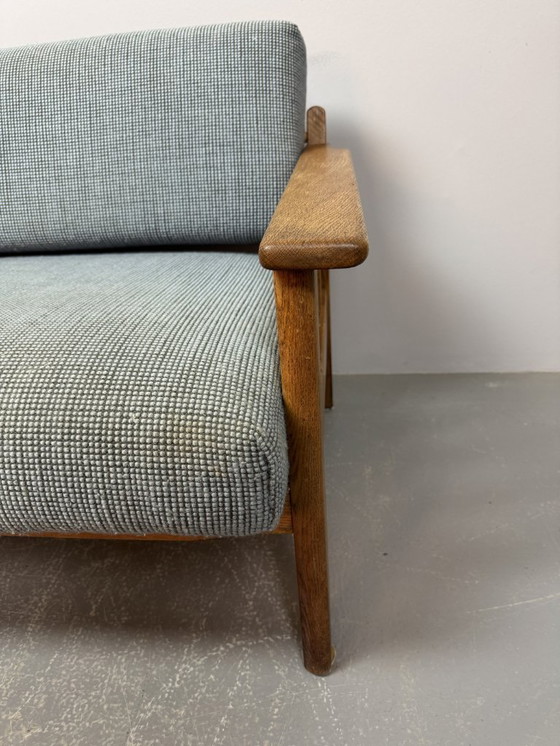 Image 1 of Mid-Century 3-Seat Oak Sleeper Sofa with Soft Blue Upholstery Attributed to Pastoe, The Netherlands 1970s.