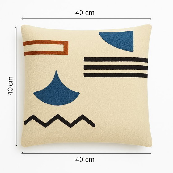 Image 1 of Fodera per cuscino in lana egiziana fatta a mano 40x40 cm – Grigio, blu e ruggine – Design geometrico – Cerniera sul retro