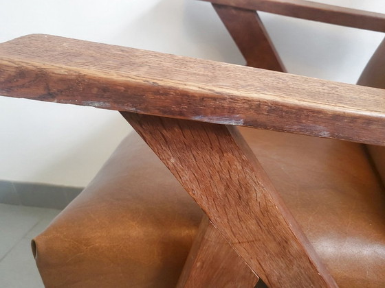 Image 1 of PAIR OF VINTAGE 1950 BRIDGE ARMCHAIRS WITH COMPASS LEGS IN OAK & HAVANA FAUX LEATHER