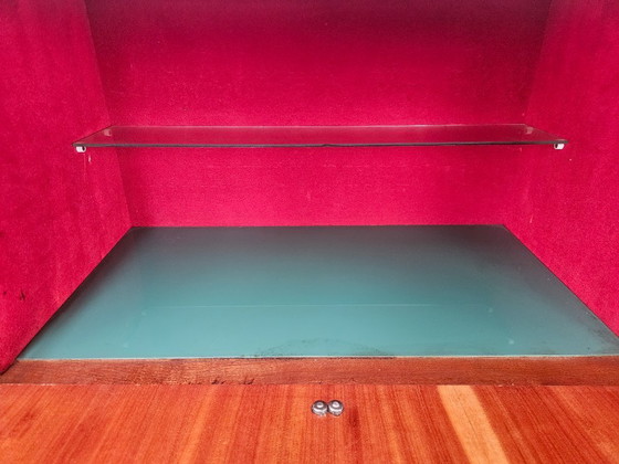 Image 1 of Mid-century mahogany sideboard from the 1950s with aqua green glass and a central bar compartment