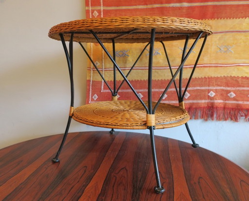 Mid Century Iron and Rattan 2-Level Coffee or Side Table, 1960s