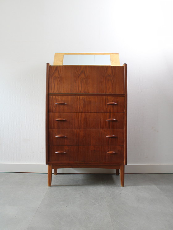 Image 1 of Vintage Danish chest of drawers in teak with flap and mirror !