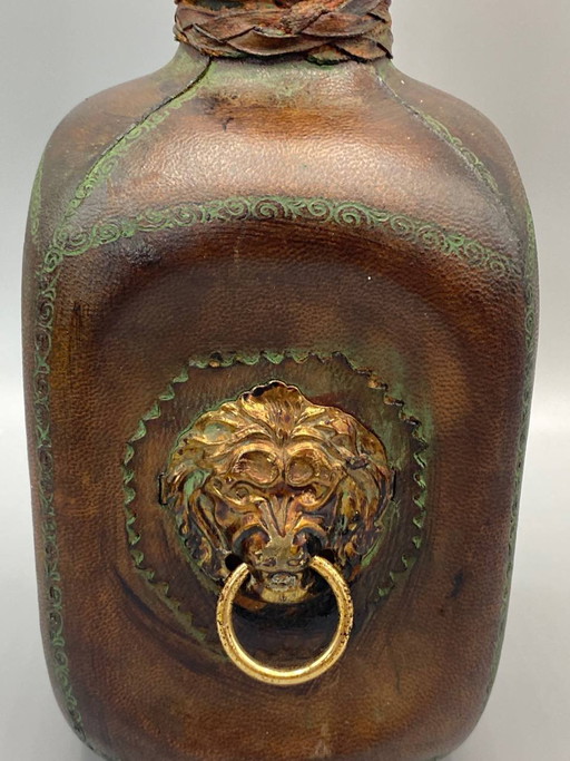 Hand-Blown Glass Carafe Adorned with Embossed Leather – Gilded Brass Lion's Head Medallion (photo 2 of 4)
