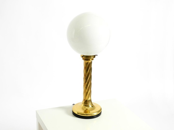 Image 1 of Large 1960s brass column-style table lamp with frosted glass globe