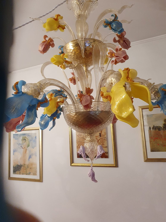 Image 1 of 6-Arm Murano Glass and Glass Paste Chandelier